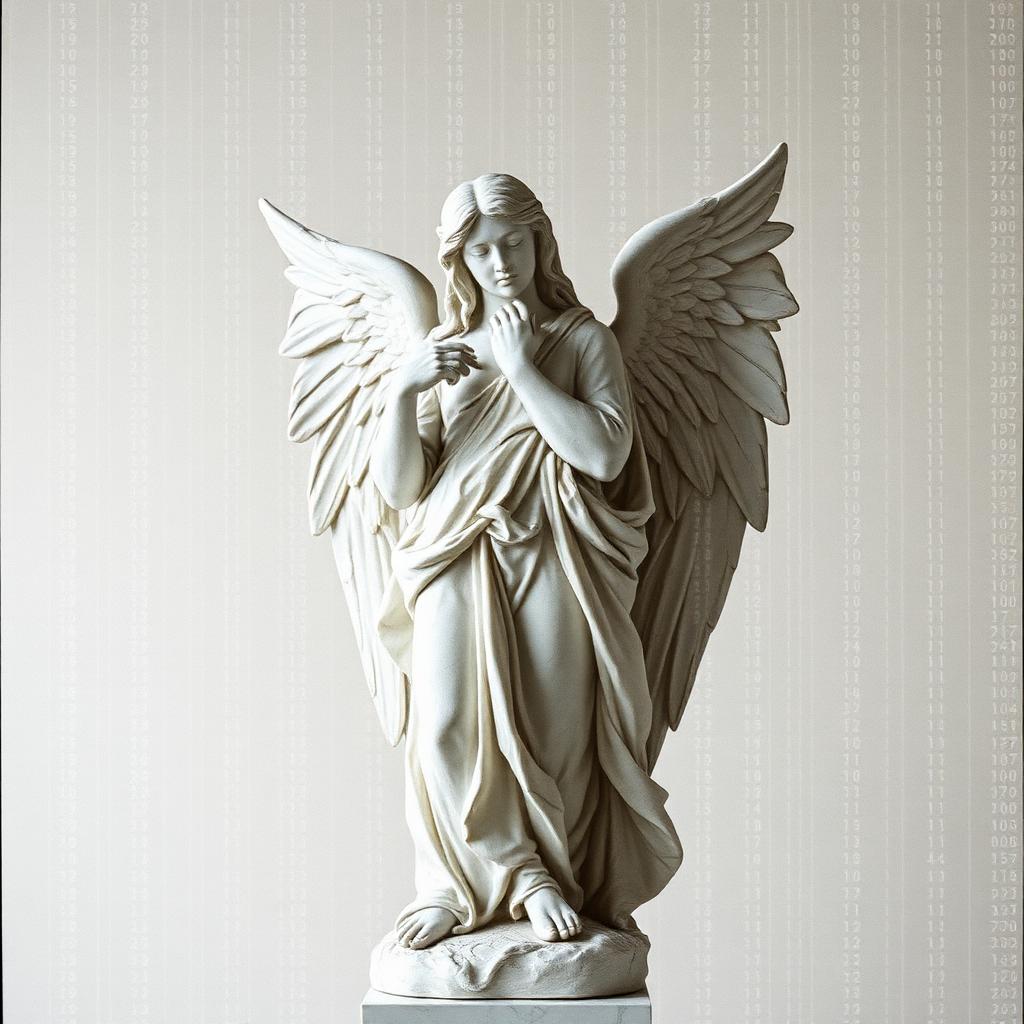 Press image: fractured marble statue bust washed in bone-white light with chromatic glitch bands
