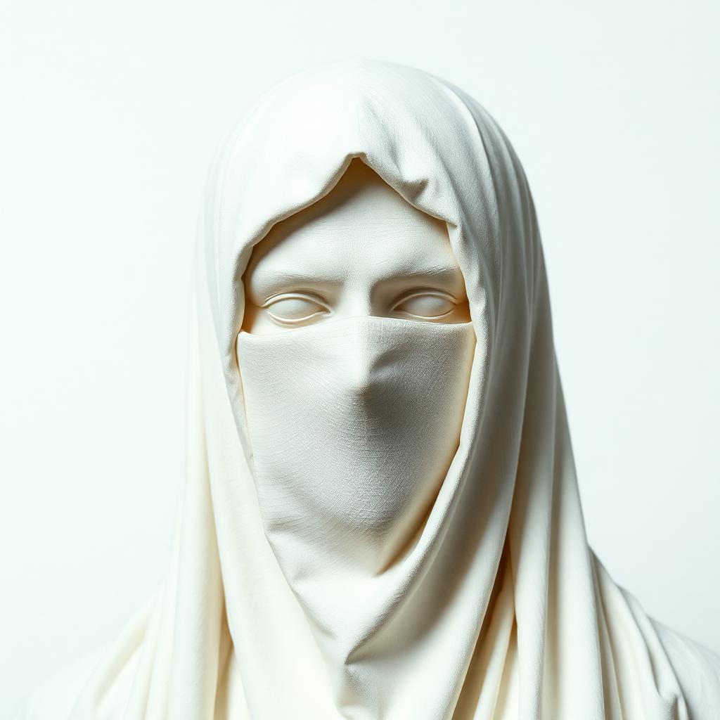 Press image: close-up of a cracked statue face with dusty pink haze and static noise