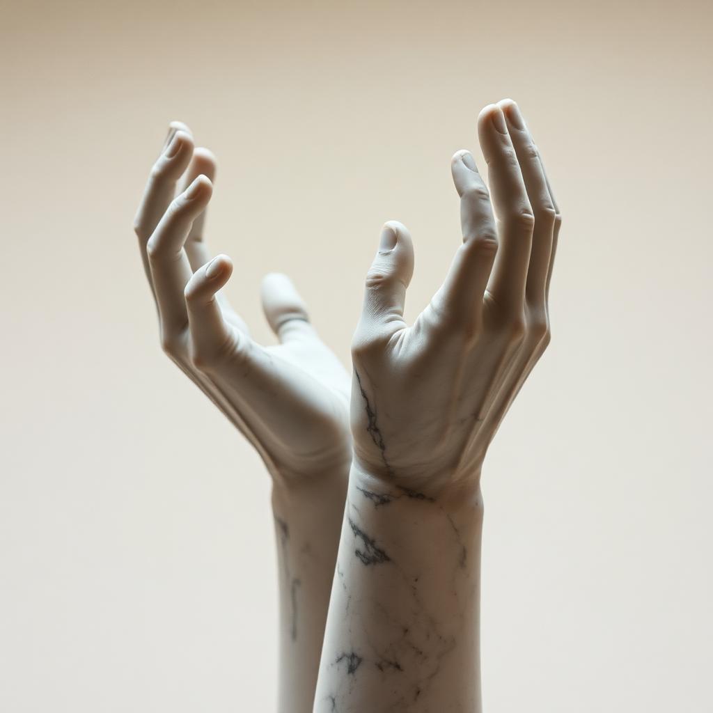 Press image: low-poly angel figure dissolving into digital corruption on an ivory backdrop